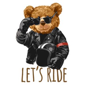 Ursinho estilizado com óculos escuros e jaqueta de couro, segurando um capacete de motocicleta, com a frase "LET'S RIDE" em destaque, representando um espírito aventureiro e ousado.