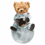 Ursinho astronauta sentado em uma lua estilizada, usando um traje espacial com detalhes em azul e vermelho, segurando um capacete. Ideal para temas de espaço e exploração infantil.