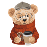 Urso fofinho usando suéter vermelho, óculos e boné, segurando um copo de café e um donut. Ideal para ilustrações de temas aconchegantes e divertidos.