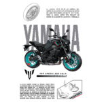 Motocicleta Yamaha MT-09, destacando seu design moderno, motor de 847 cm³ e quadro de alumínio. A imagem apresenta a moto em um fundo verde, com detalhes técnicos, incluindo velocidade máxima de 223 km/h e concorrência com outros modelos como Triumph Street Triple e Kawasaki Z800.