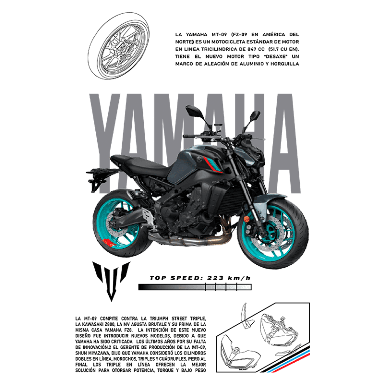 Motocicleta Yamaha MT-09, destacando seu design moderno, motor de 847 cm³ e quadro de alumínio. A imagem apresenta a moto em um fundo verde, com detalhes técnicos, incluindo velocidade máxima de 223 km/h e concorrência com outros modelos como Triumph Street Triple e Kawasaki Z800.