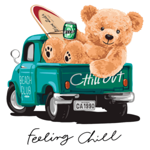 Urso de pelúcia relaxando na caçamba de uma caminhonete azul, com uma prancha de surf e uma lata de cerveja, transmitindo uma vibe descontraída de praia. Texto "Feeling Chill" destacado.