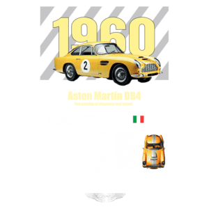 Aston Martin DB4 GT Zagato de 1960, um carro esportivo amarelo com detalhes elegantes, destacando sua forma aerodinâmica e a etiqueta "2" na lateral. A imagem inclui informações sobre sua raridade e design exclusivo da Zagato, mencionando que apenas 20 unidades foram produzidas.