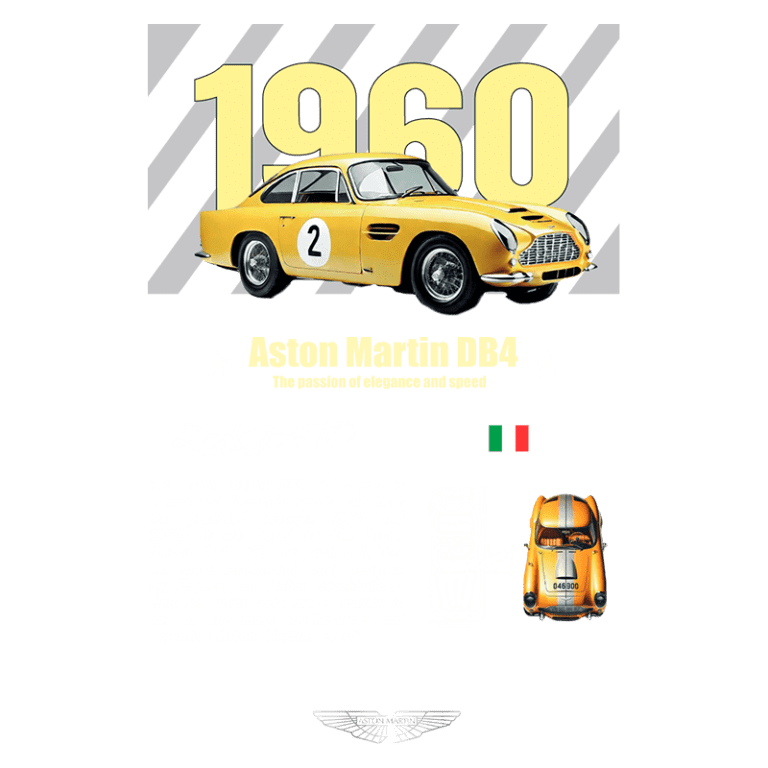 Aston Martin DB4 GT Zagato de 1960, um carro esportivo amarelo com detalhes elegantes, destacando sua forma aerodinâmica e a etiqueta "2" na lateral. A imagem inclui informações sobre sua raridade e design exclusivo da Zagato, mencionando que apenas 20 unidades foram produzidas.