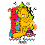 Imagem do personagem Garfield em estilo gráfico dos anos 90, com cores vibrantes e elementos de design retro. O gato laranja exibe uma expressão de desdém e está posicionado de forma icônica, representando a cultura pop da época.