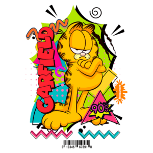 Imagem do personagem Garfield em estilo gráfico dos anos 90, com cores vibrantes e elementos de design retro. O gato laranja exibe uma expressão de desdém e está posicionado de forma icônica, representando a cultura pop da época.