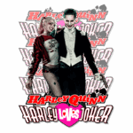Imagem de Harley Quinn e Joker em um design gráfico vibrante, com texto estilizado "Harley Quinn" e "Harley Loves Joker". Harley está vestida com uma camiseta e jaqueta vermelha, enquanto o Joker usa um traje de gala. Ambos estão posando juntos, representando seu relacionamento icônico.