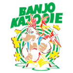 Imagem colorida de Banjo e Kazooie, personagens do famoso jogo de videogame. Banjo, um urso, toca banjo e sorri, enquanto Kazooie, uma ave, está ao seu lado. O fundo apresenta elementos gráficos vibrantes, com o título "BANJO KAZOOIE" em destaque. Ideal para fãs de jogos clássicos e cultura pop.
