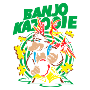Imagem colorida de Banjo e Kazooie, personagens do famoso jogo de videogame. Banjo, um urso, toca banjo e sorri, enquanto Kazooie, uma ave, está ao seu lado. O fundo apresenta elementos gráficos vibrantes, com o título "BANJO KAZOOIE" em destaque. Ideal para fãs de jogos clássicos e cultura pop.