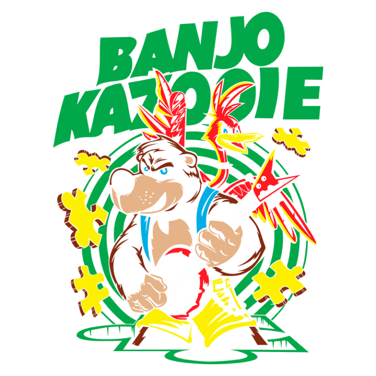 Imagem colorida de Banjo e Kazooie, personagens do famoso jogo de videogame. Banjo, um urso, toca banjo e sorri, enquanto Kazooie, uma ave, está ao seu lado. O fundo apresenta elementos gráficos vibrantes, com o título "BANJO KAZOOIE" em destaque. Ideal para fãs de jogos clássicos e cultura pop.