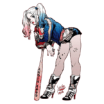 Ilustração da personagem Harley Quinn, vestindo um casaco colorido e shorts curtos, segurando um bastão de beisebol com a palavra "Good Night" em destaque. A imagem apresenta detalhes como tatuagens visíveis nas pernas e um fundo verde. Referência ao filme "Esquadrão Suicida".