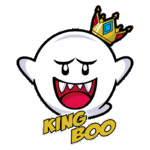 Imagem do personagem King Boo, uma versão do espírito Boo com coroa, apresentando um rosto expressivo com dentes afiados e um grande sorriso. Ideal para fãs de jogos da Nintendo, especialmente da franquia Mario.