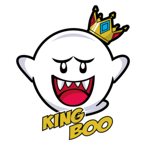 Imagem do personagem King Boo, uma versão do espírito Boo com coroa, apresentando um rosto expressivo com dentes afiados e um grande sorriso. Ideal para fãs de jogos da Nintendo, especialmente da franquia Mario.