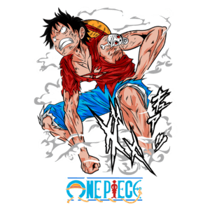 Personagem Luffy de One Piece em uma pose dinâmica, expressando determinação e força. Ele veste uma camiseta vermelha e shorts azuis, com o chapéu de palha característico. O fundo apresenta efeitos de fumaça e o logotipo de One Piece.