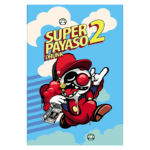 Capa do jogo "Super Payaso 2 Drunk" com um palhaço caricatural em um fundo azul com nuvens. O personagem, vestido com um macacão vermelho e chapéu, segura uma garrafa e faz um gesto divertido. O título do jogo está destacado na parte superior da imagem.
