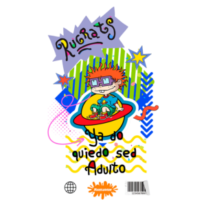 Imagem colorida do personagem Chuckie dos Rugrats, com cabelo ruivo e óculos, sentado em uma prancha em um fundo vibrante. O texto "Ya do quedo sed Adulto" é destacado, junto com o logotipo da Nickelodeon. Ideal para fãs de desenhos animados dos anos 90.