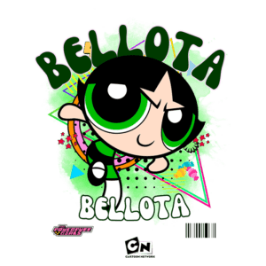 Imagem da personagem Bellota, da série "As Meninas Superpoderosas", com cabelo preto e olhos verdes grandes, vestindo um uniforme verde e preto, em um fundo colorido com elementos gráficos vibrantes.
