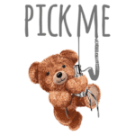 Ursinho de pelúcia segurando um gancho de máquina de pegar brinquedos, com a frase "PICK ME" acima. Ideal para temas de diversão e nostalgia.