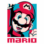 Imagem estilizada do personagem Mario, ícone dos videogames, usando um boné vermelho com o símbolo "M" e expressando alegria. O fundo apresenta cores vibrantes que destacam o personagem.