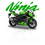Moto Kawasaki Ninja ZX-6R na cor verde, destacando seu design aerodinâmico e desempenho esportivo, com fundo estilizado em texto e ilustrações de motos. Ideal para apaixonados por velocidade e motociclismo.