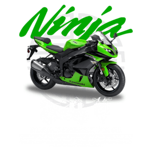 Moto Kawasaki Ninja ZX-6R na cor verde, destacando seu design aerodinâmico e desempenho esportivo, com fundo estilizado em texto e ilustrações de motos. Ideal para apaixonados por velocidade e motociclismo.