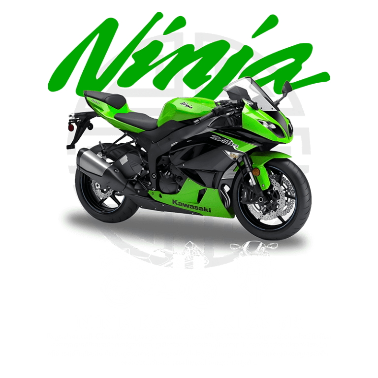 Moto Kawasaki Ninja ZX-6R na cor verde, destacando seu design aerodinâmico e desempenho esportivo, com fundo estilizado em texto e ilustrações de motos. Ideal para apaixonados por velocidade e motociclismo.