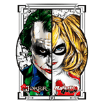 Ilustração do Coringa e Harley Quinn, personagens icônicos do universo DC, divididos ao meio, com o Coringa à esquerda e Harley à direita, destacando suas características marcantes e estilos únicos.