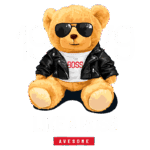 Ursinho de pelúcia estilizado, usando óculos escuros e uma jaqueta de couro, com a inscrição "THE BOSS" em sua camiseta. O design inclui o ano "1979" e as palavras "LIKE A BOSS" e "AWESOME". Ideal para produtos infantis e presentes com tema divertido.