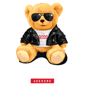 Ursinho de pelúcia estilizado, usando óculos escuros e uma jaqueta de couro, com a inscrição "THE BOSS" em sua camiseta. O design inclui o ano "1979" e as palavras "LIKE A BOSS" e "AWESOME". Ideal para produtos infantis e presentes com tema divertido.