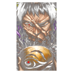 Ilustração de um personagem com olhos vermelhos e expressão intensa, segurando uma esfera dourada com um símbolo, cercado por detalhes sombrios; arte digital em estilo de anime.