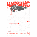 Imagem de um robô em forma de urso com características mecânicas, incluindo sensores e partes destacadas, como bateria, costura abdominal e mecanismo do cotovelo. O design inclui a palavra "WARNING" em destaque e instruções para "aproximar-se com cautela". Ideal para temas de tecnologia e robótica.