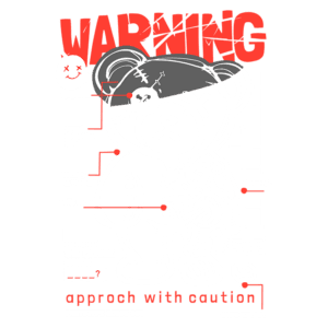 Imagem de um robô em forma de urso com características mecânicas, incluindo sensores e partes destacadas, como bateria, costura abdominal e mecanismo do cotovelo. O design inclui a palavra "WARNING" em destaque e instruções para "aproximar-se com cautela". Ideal para temas de tecnologia e robótica.