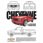 Imagem de uma caminhonete Chevrolet Cheyenne 400 SS, destacando seu design icônico em vermelho e rodas cromadas. O fundo apresenta silhuetas de diferentes ângulos da caminhonete, além de informações sobre sua história e características únicas.
