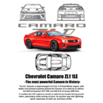 Imagem do Chevrolet Camaro ZL1 1LE, o modelo mais potente da história da marca. O carro é exibido em um vibrante vermelho e apresenta um motor supercarregado LT4 de 6,2 litros V8, com 640 hp e 640 lb-ft de torque. Inclui ilustrações técnicas do Camaro, destacando seu design aerodinâmico e características de desempenho.