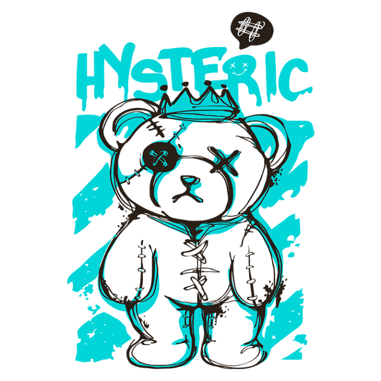 Urso de pelúcia estilizado com aspecto de desenho animado, rosto triste e olhos costurados, adornado com uma coroa. O fundo apresenta grafismos em azul e a palavra "HYSTERIC" em destaque, refletindo um estilo pop e urbano. Ideal para arte de moda e cultura alternativa.