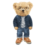 Urso estilizado usando óculos, jaqueta jeans, camiseta listrada e calças azuis, complementado com tênis laranja, em um fundo verde. Ideal para ilustrações infantis ou roupas infantis.