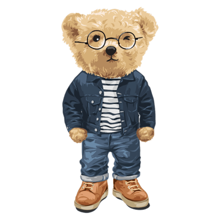 Urso estilizado usando óculos, jaqueta jeans, camiseta listrada e calças azuis, complementado com tênis laranja, em um fundo verde. Ideal para ilustrações infantis ou roupas infantis.