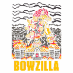 Imagem de Bowzilla, uma criatura inspirada em Bowser, emergindo de um cenário em chamas. O fundo apresenta um castelo em chamas, com nuvens escuras e fumaça. O texto "BOWZILLA" está destacado na parte inferior, em letras grandes e amarelas.