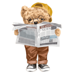 Urso fofinho com óculos e boné, lendo um jornal. Ele usa calças marrons e tênis brancos, transmitindo uma imagem divertida e cativante.
