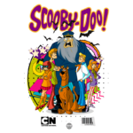 Imagem do grupo de personagens da série animada Scooby-Doo, incluindo Scooby-Doo, Shaggy, Velma, Fred e Daphne, com um monstro ao fundo. A arte apresenta um estilo colorido e divertido, característico da série, com elementos de mistério e aventura.