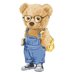 Urso de peluche fofo usando óculos e macacão azul, segurando uma mochila amarela. Ideal para ilustrar temas de infância e educação.