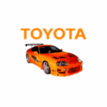 Imagem do Toyota Supra MK4 laranja, destacando seu design esportivo e dimensões de 2558 mm de largura e 4515 mm de comprimento. O carro é conhecido por sua potência de 330 CV e torque de 440 Nm, capaz de acelerar de 0 a 100 km/h em 6 segundos e atingir uma velocidade máxima de 250 km/h.