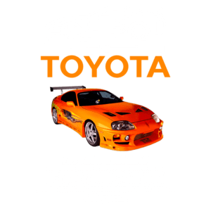 Imagem do Toyota Supra MK4 laranja, destacando seu design esportivo e dimensões de 2558 mm de largura e 4515 mm de comprimento. O carro é conhecido por sua potência de 330 CV e torque de 440 Nm, capaz de acelerar de 0 a 100 km/h em 6 segundos e atingir uma velocidade máxima de 250 km/h.