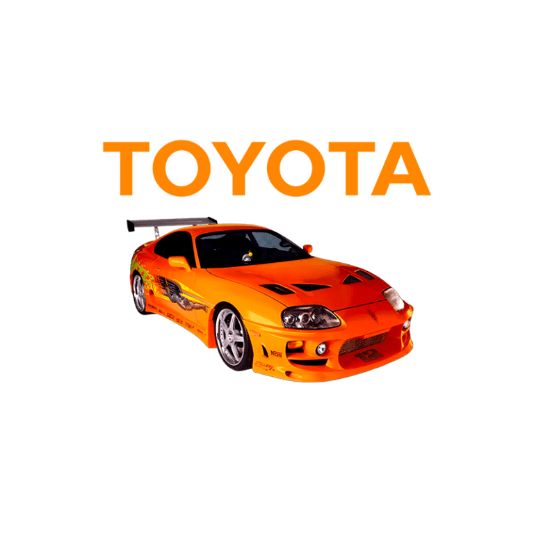 Imagem do Toyota Supra MK4 laranja, destacando seu design esportivo e dimensões de 2558 mm de largura e 4515 mm de comprimento. O carro é conhecido por sua potência de 330 CV e torque de 440 Nm, capaz de acelerar de 0 a 100 km/h em 6 segundos e atingir uma velocidade máxima de 250 km/h.