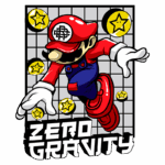 Ilustração de um personagem inspirado em jogos de vídeo game, flutuando em um fundo quadriculado, cercado por estrelas douradas, com o texto "ZERO GRAVITY" em destaque na parte inferior.
