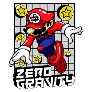 Ilustração de um personagem inspirado em jogos de vídeo game, flutuando em um fundo quadriculado, cercado por estrelas douradas, com o texto "ZERO GRAVITY" em destaque na parte inferior.
