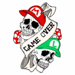 Ilustração de caveiras usando bonés vermelhos e verdes, com os símbolos de Mario e Luigi, envoltas em um banner que diz "GAME OVER", decoradas com cogumelos. Ideal para fãs de jogos e cultura pop.