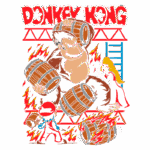 Imagem colorida do personagem Donkey Kong jogando barris, com Mario em sua frente e uma princesa ao fundo, envoltos em chamas e uma estrutura de andaime. Estilo retrô inspirado no famoso jogo de arcade.