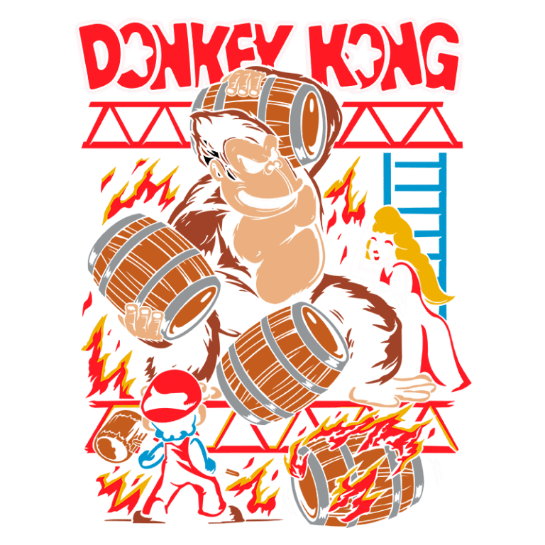 Imagem colorida do personagem Donkey Kong jogando barris, com Mario em sua frente e uma princesa ao fundo, envoltos em chamas e uma estrutura de andaime. Estilo retrô inspirado no famoso jogo de arcade.