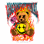 Ilustração de um urso de pelúcia com uma rosa na mão, cercado por chamas. O design apresenta elementos de arte urbana e o texto "ESCAPE the ordinary", destacando um estilo ousado e moderno. Ideal para moda streetwear e conteúdo artístico.